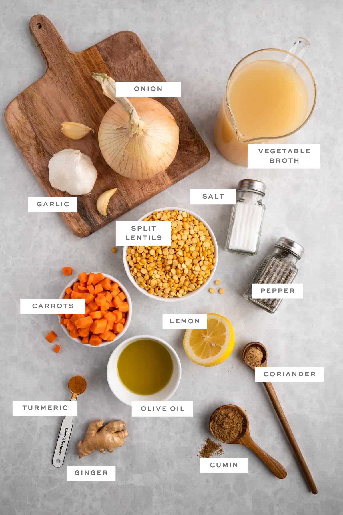 Ingredients for toor dal with labels.