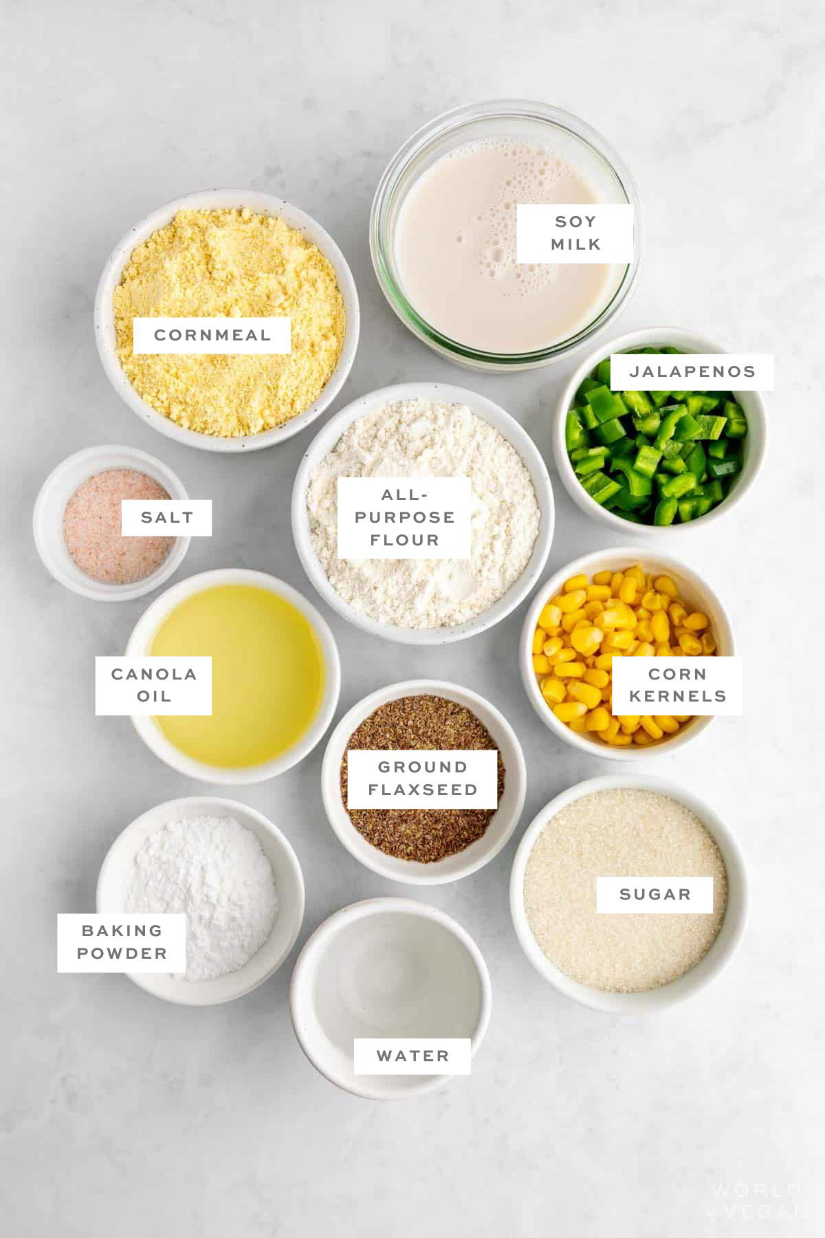 Ingredients for jalapeno cornbread muffins with labels.