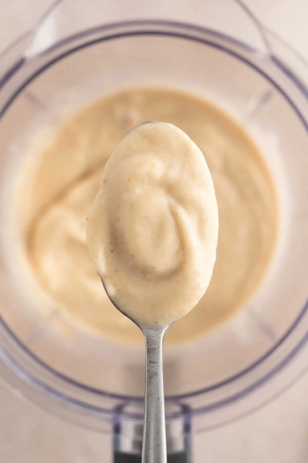 Spoon holding a scoop of vegan milkshake up over the blender.
