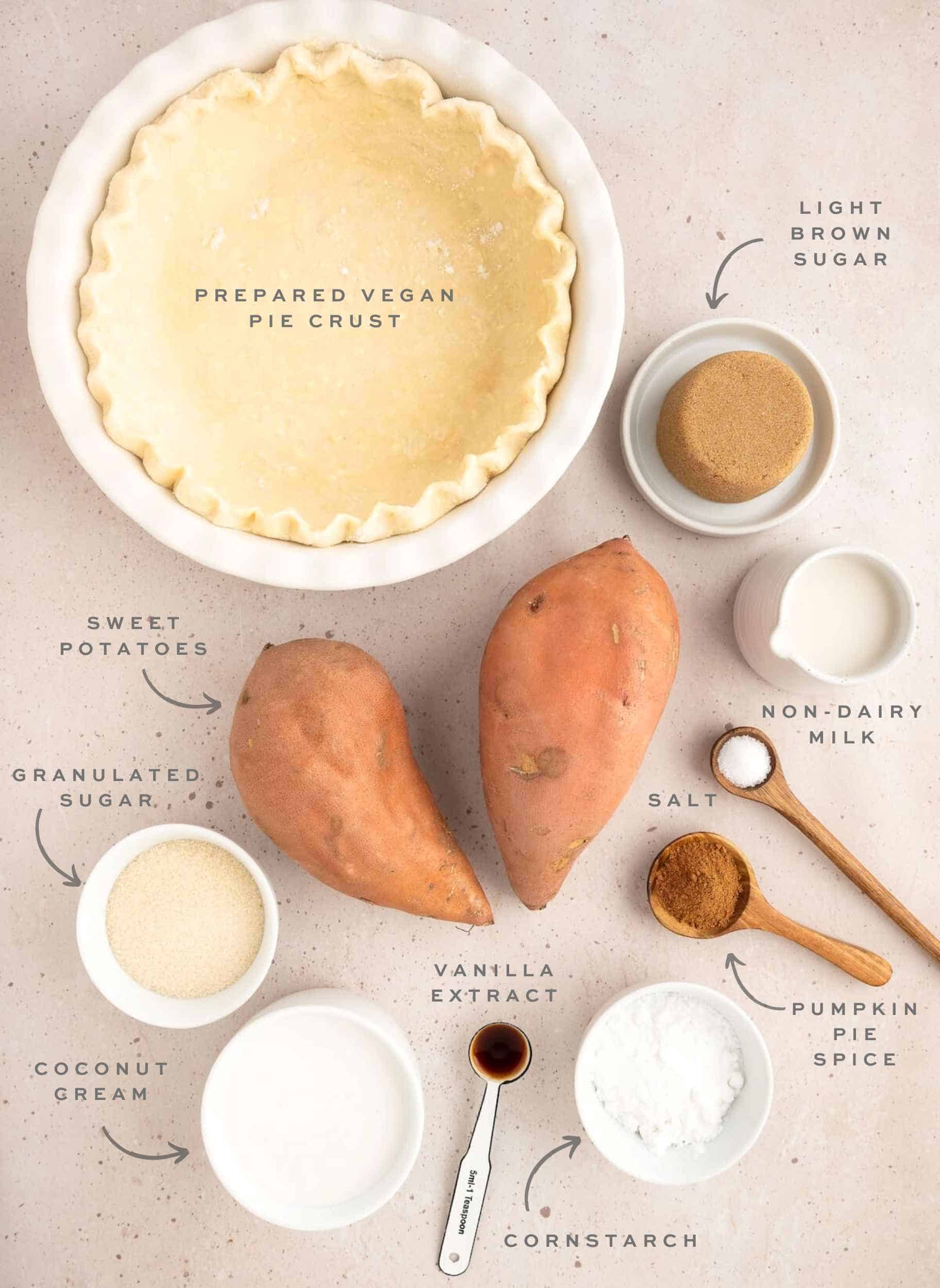 Ingredients for vegan sweet potato pie measured out and labelled.