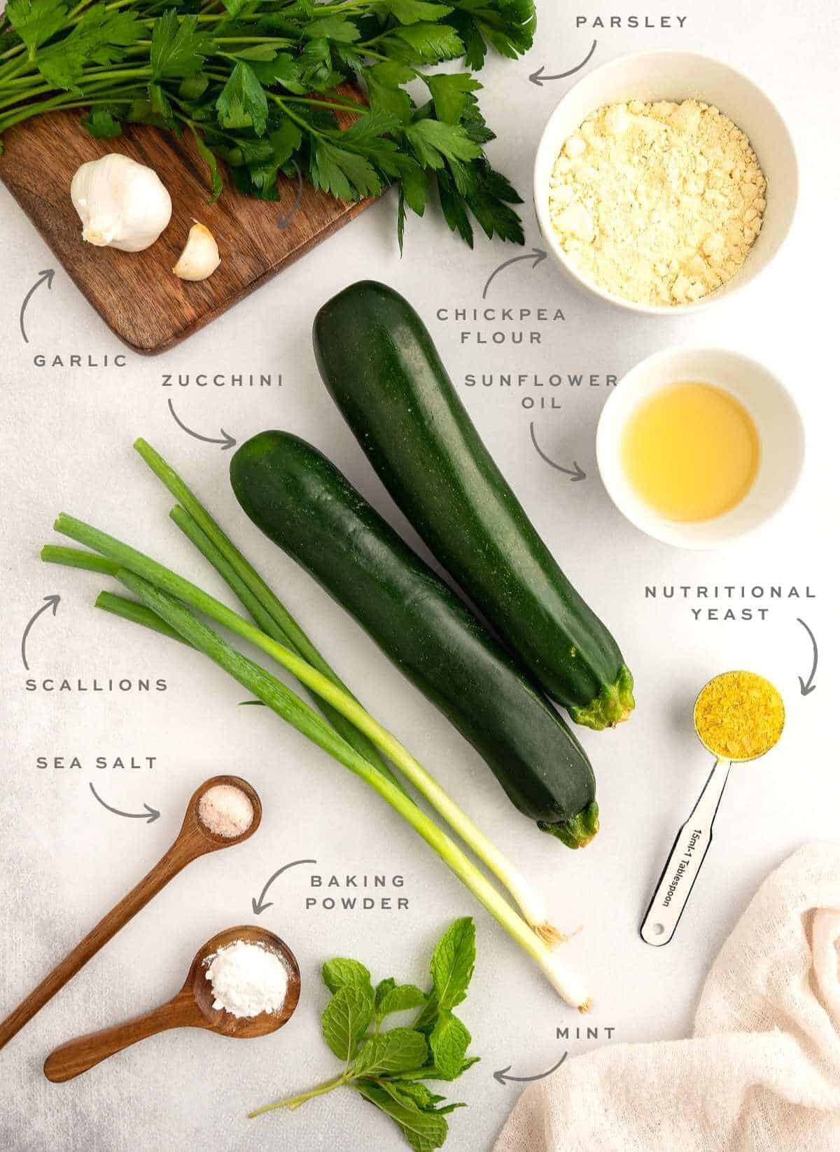 Ingredients for vegan zucchini measured and labelled.