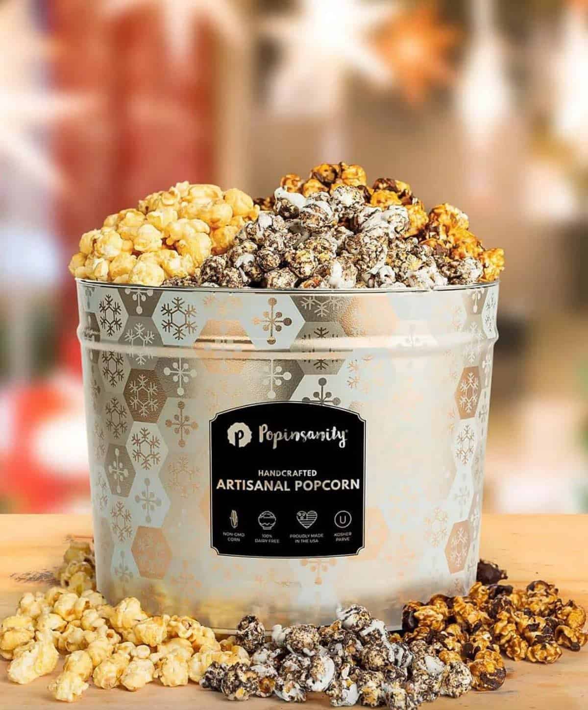 Vegan holiday popcorn tin from Popsanity. 