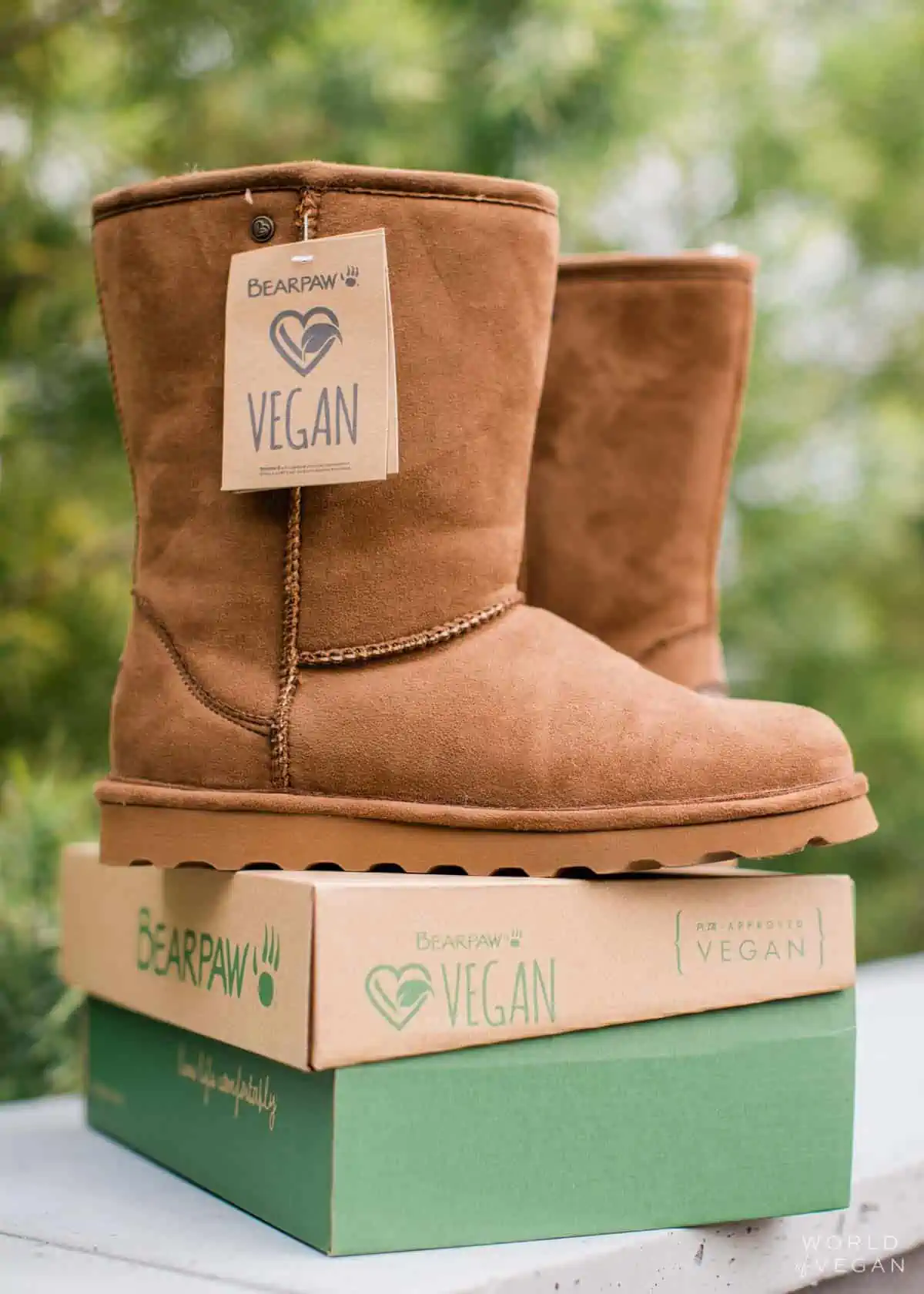 Vegan UGGs from Bearpaw outdoors on the new box with a PETA-approved label.