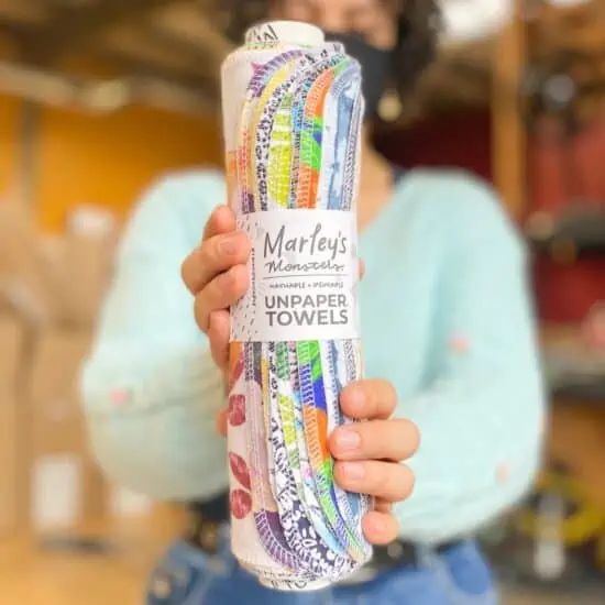 Roll of sustainable eco-friendly cloth unpaper towels from Marley's Monsters brand.