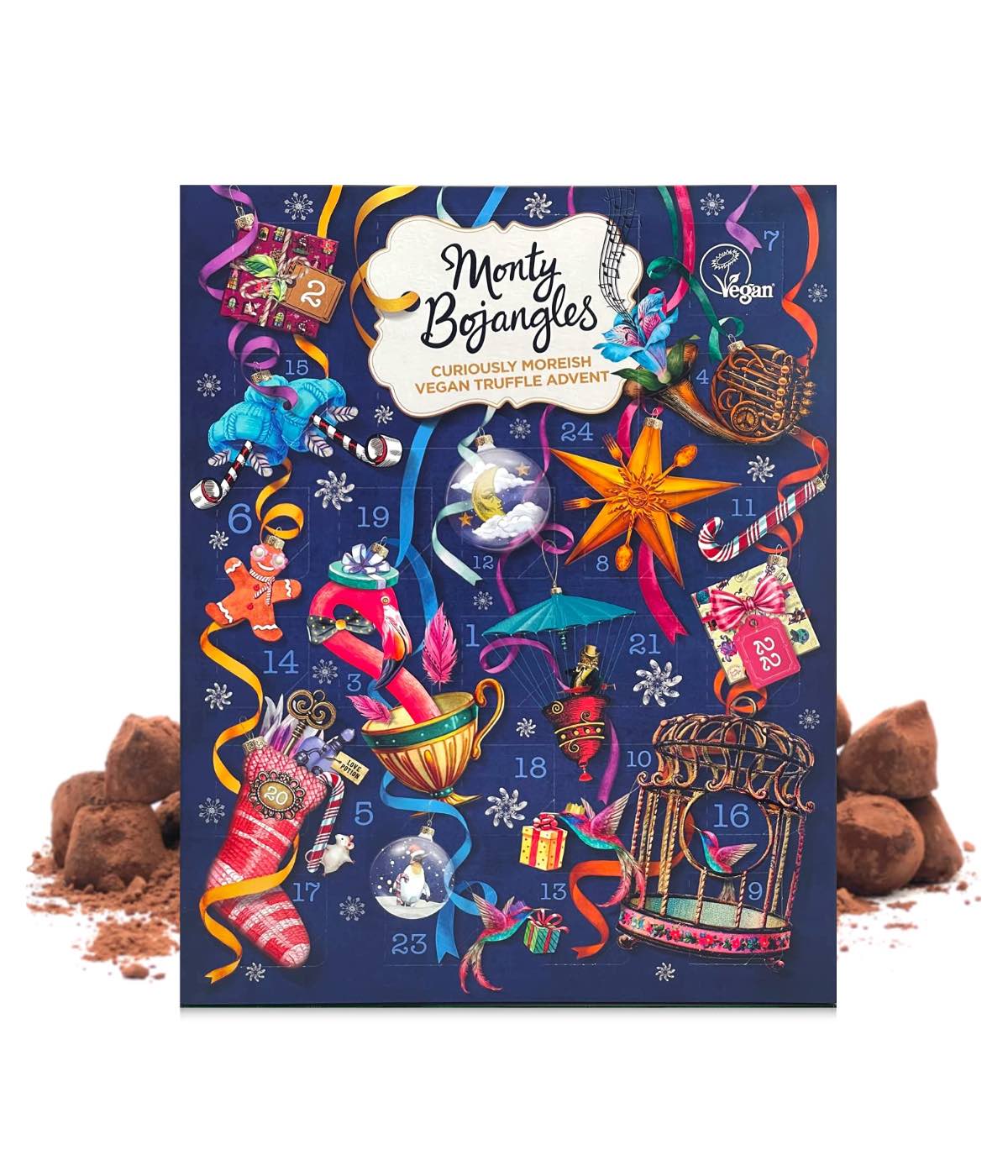 Decadent belgian chocolates in a festively designed Monty Bojangles advent calendar that's labeled vegan.