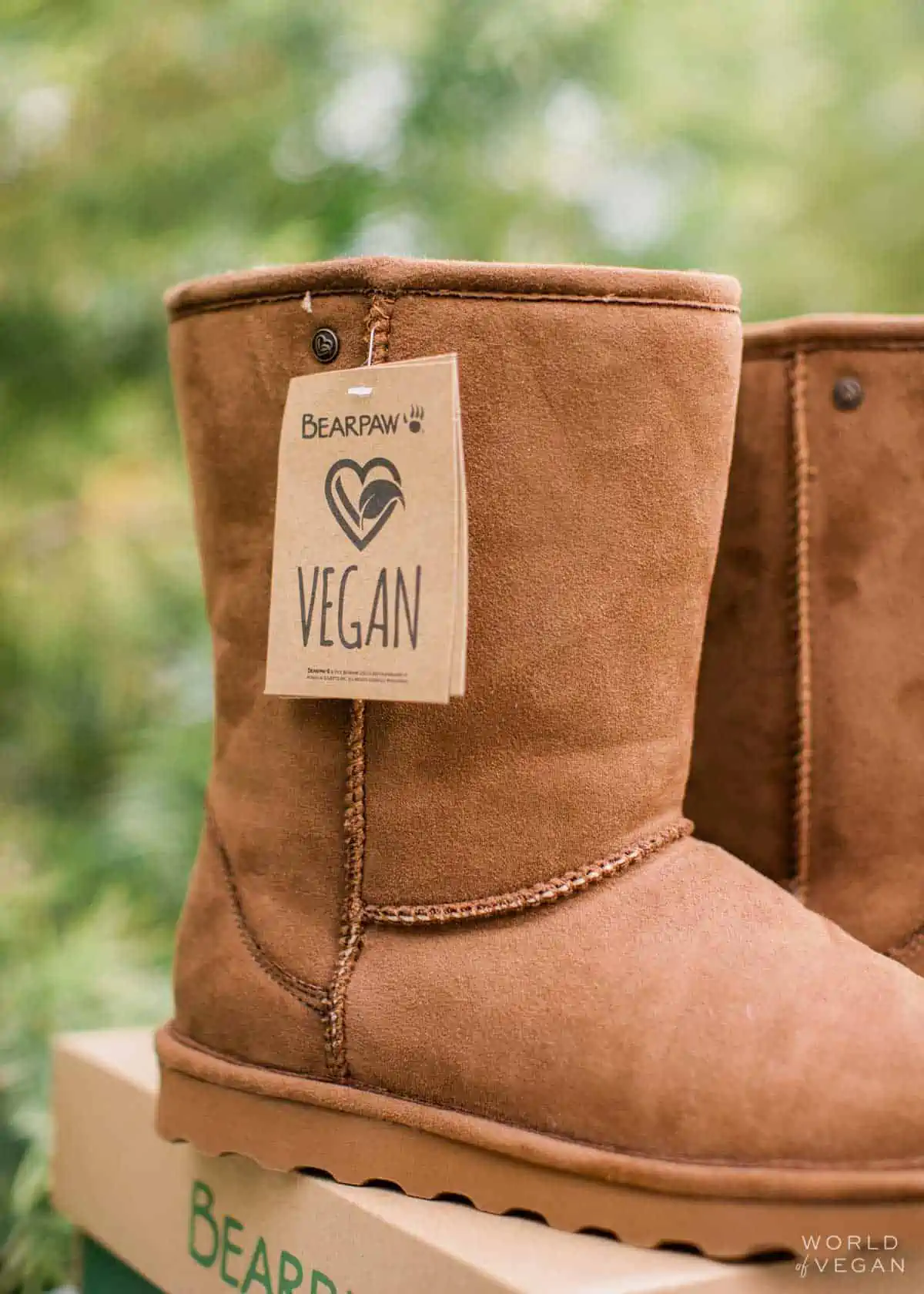 New synthetic brown Bearpaw brand UGGS boots with vegan tag.