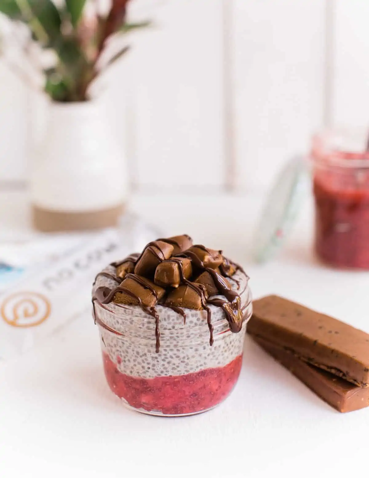 No Cow vegan protein bars served over a chia pudding parfait.