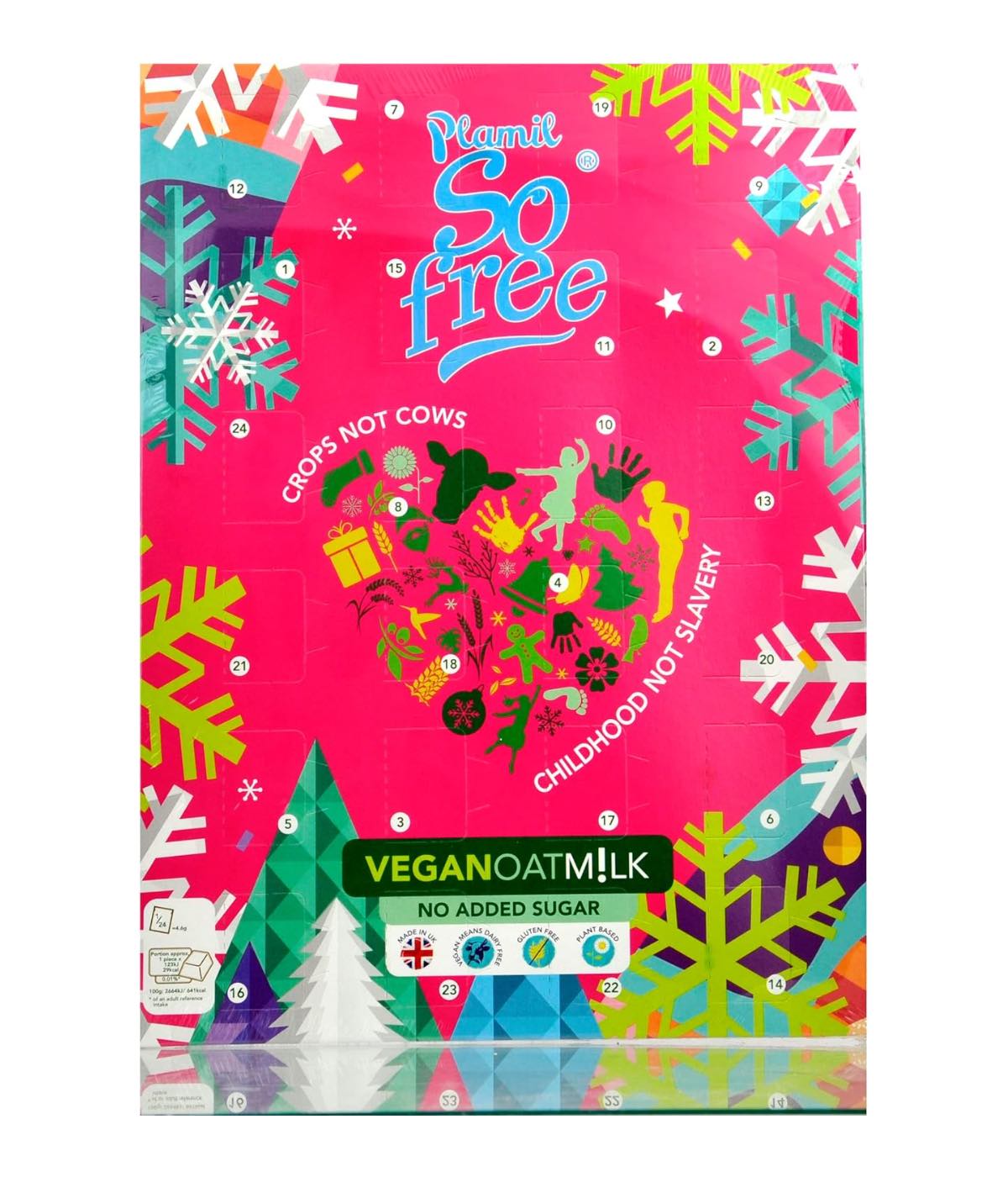 Oatmilk vegan advent calendar in a pink box from Plamil.
