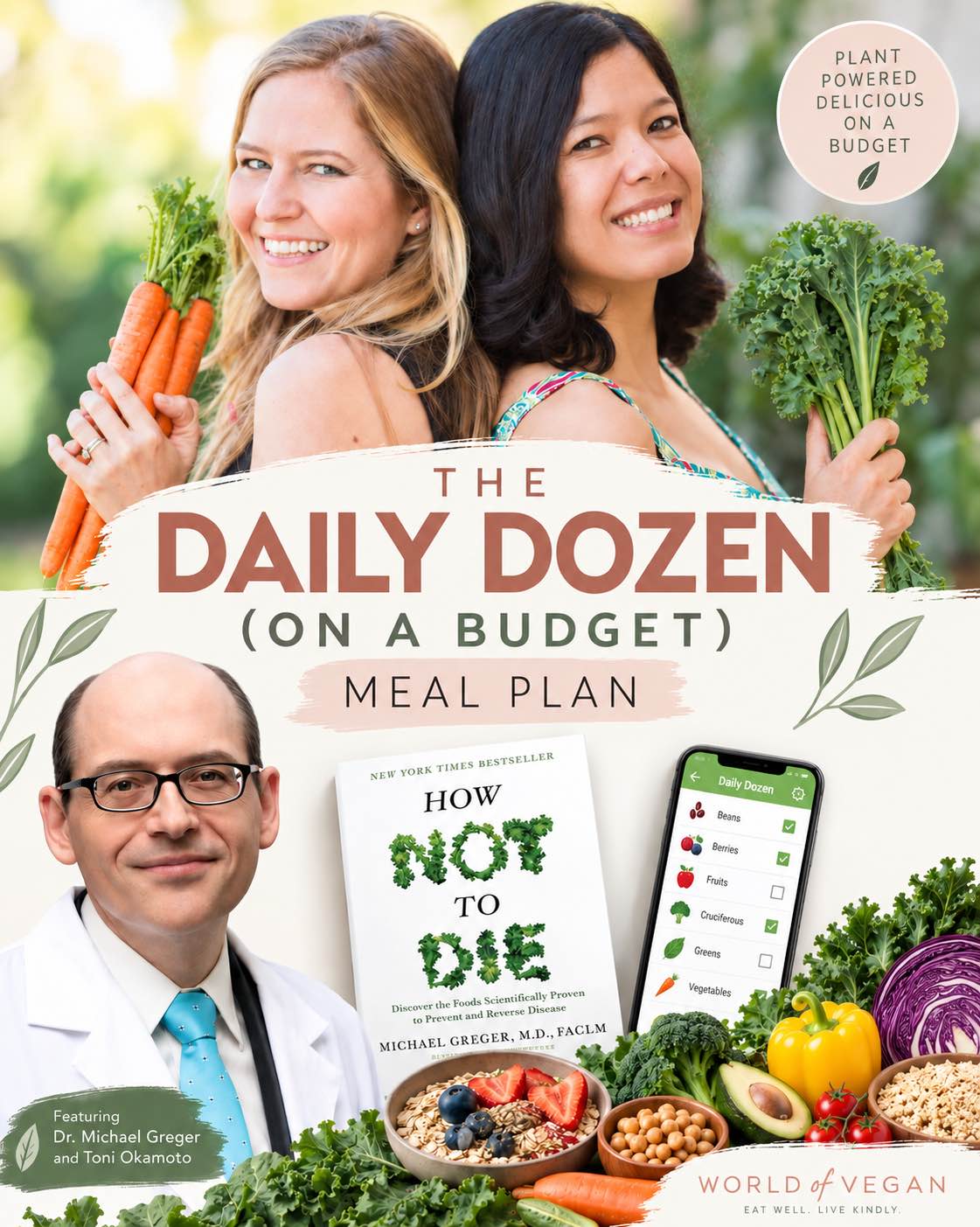 The Daily Dozen meal plan cover for one week of what to eat following Dr. Greger's How Not to Die advice with Michelle Cehn and Toni Okamoto.