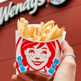 Vegan woman holding out a small order of Wendy's french fries.