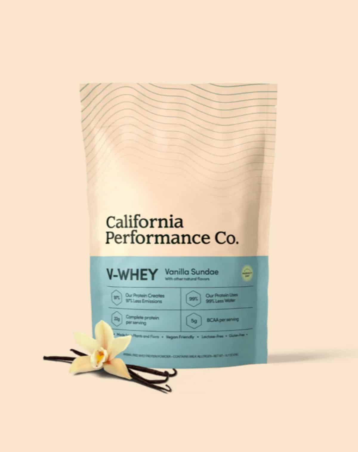 Package of California Performance Co. V-Whey vanilla sundae flavored protein powder.