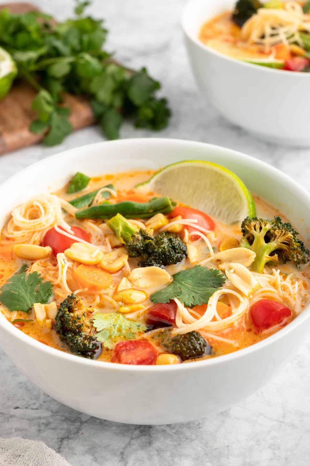 A bowl of Thai curry in a white bowl, shot from the side. 