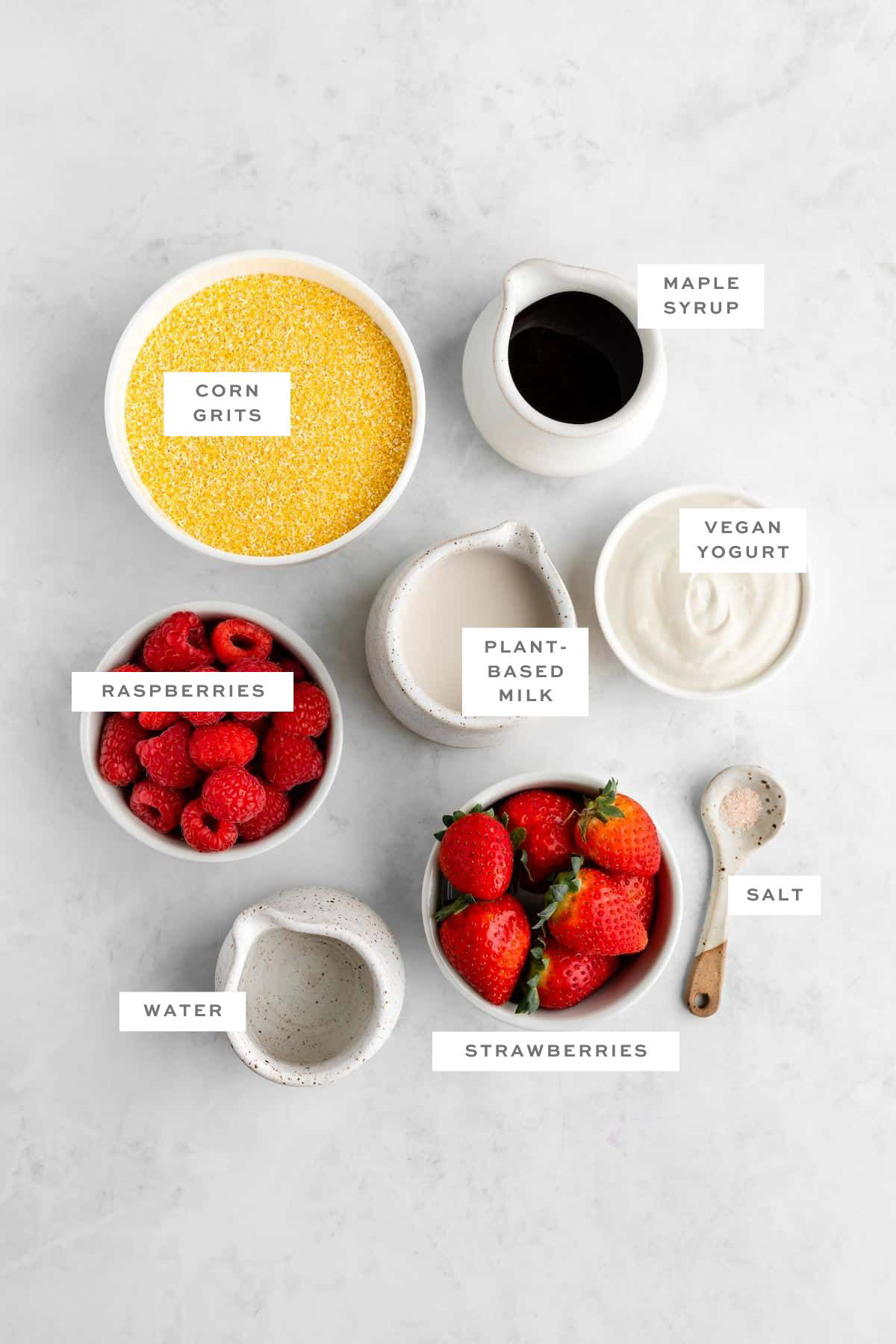 Ingredients for vegan grits with labels.