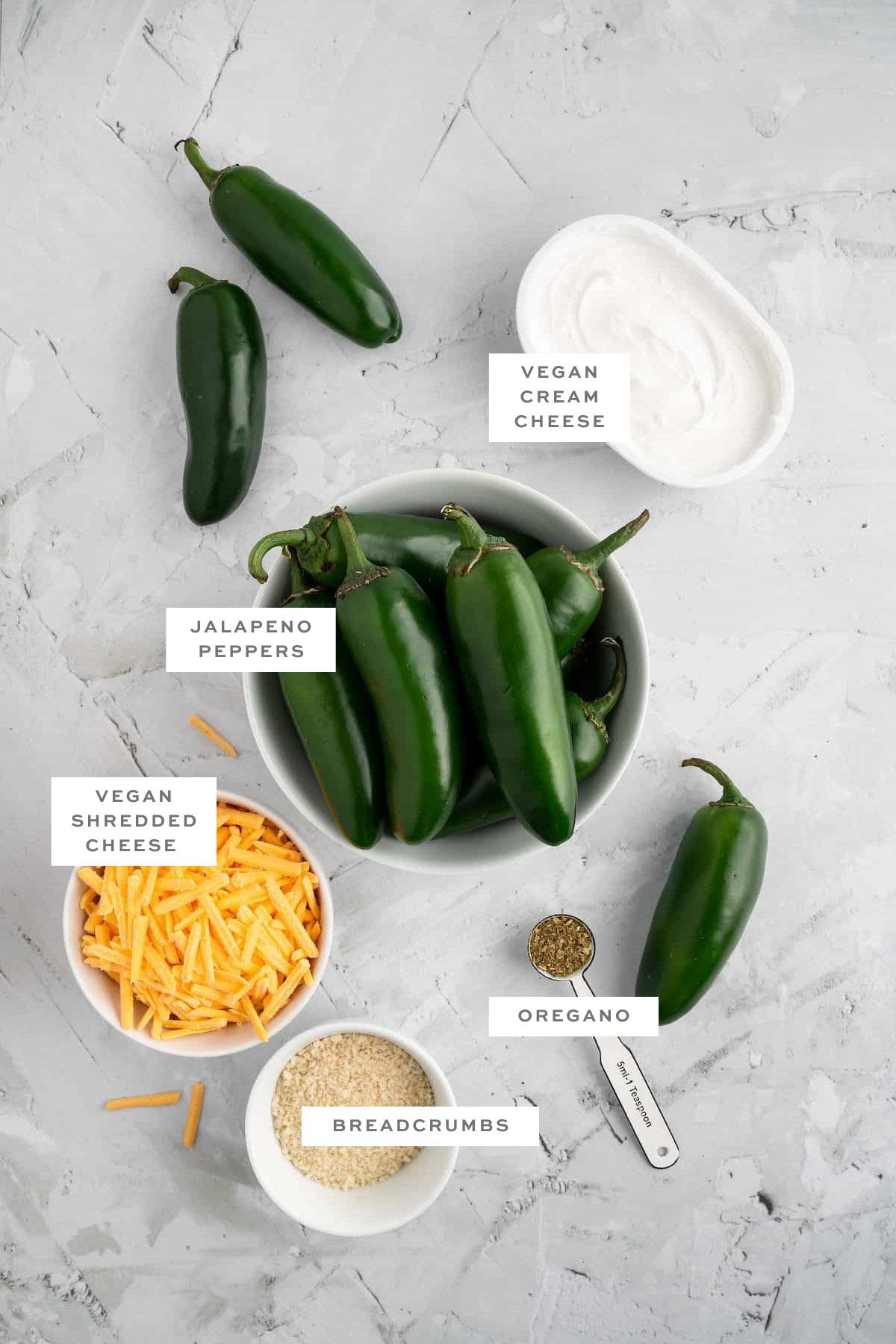 Ingredients for jalapeno poppers with labels.