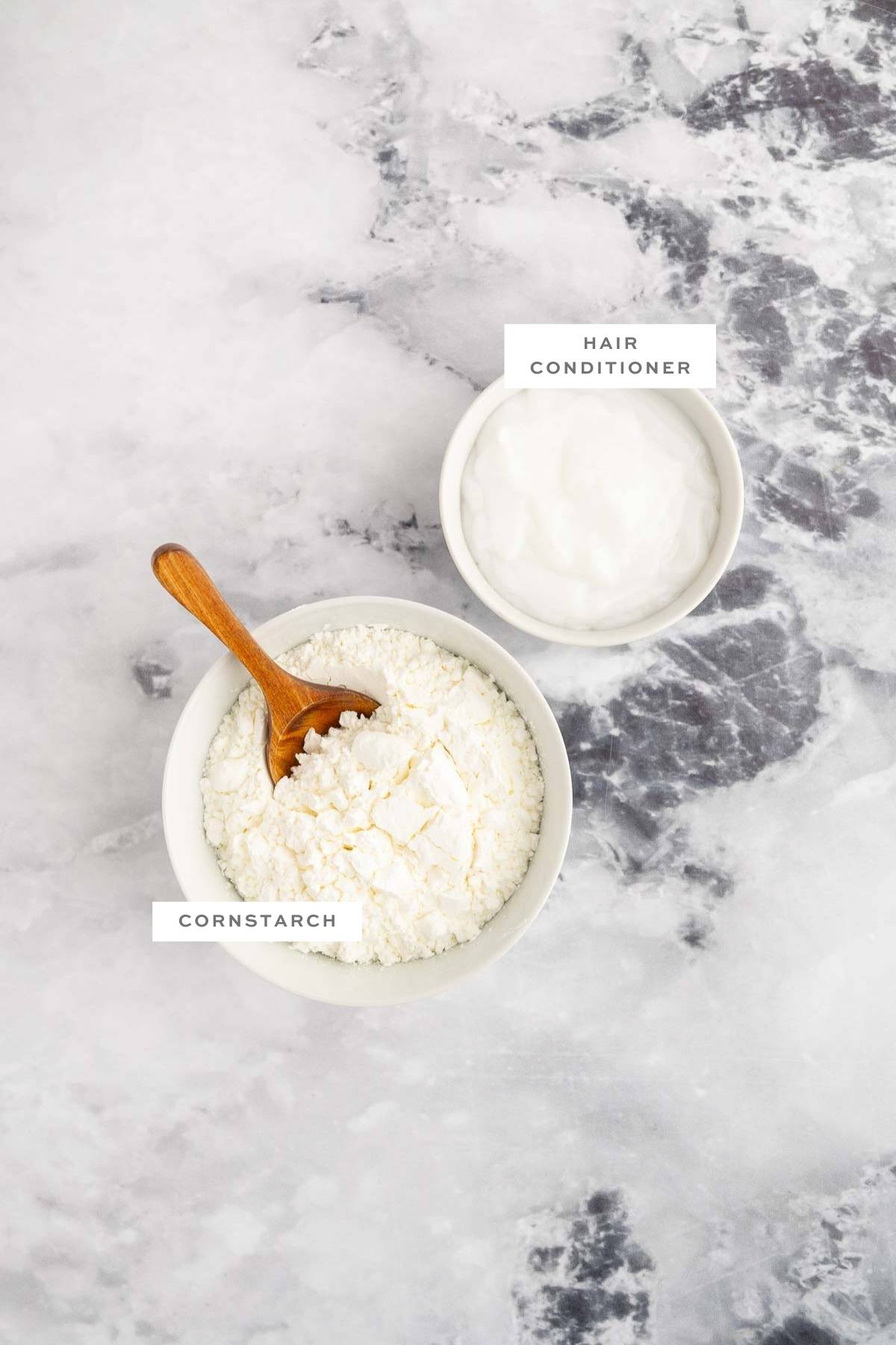 Ingredients for a cloud dough recipe, with labels.