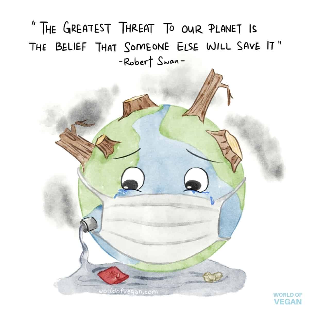 Illustration of a polluted planet earth wearing a mask with chemicals and smog reminding people to go vegan.