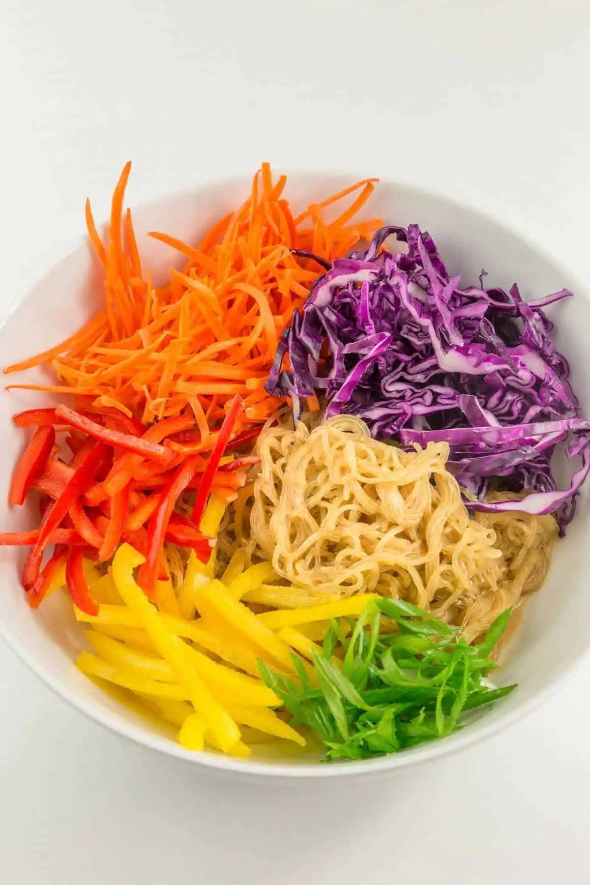 Kelp noodles in a bowl topped with carrots, purple cabbage, bell peppers, and green onion slices.