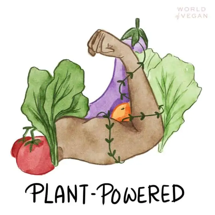 Illustration of a strong muscle-defined arm with veggies that says "Plant Powered."