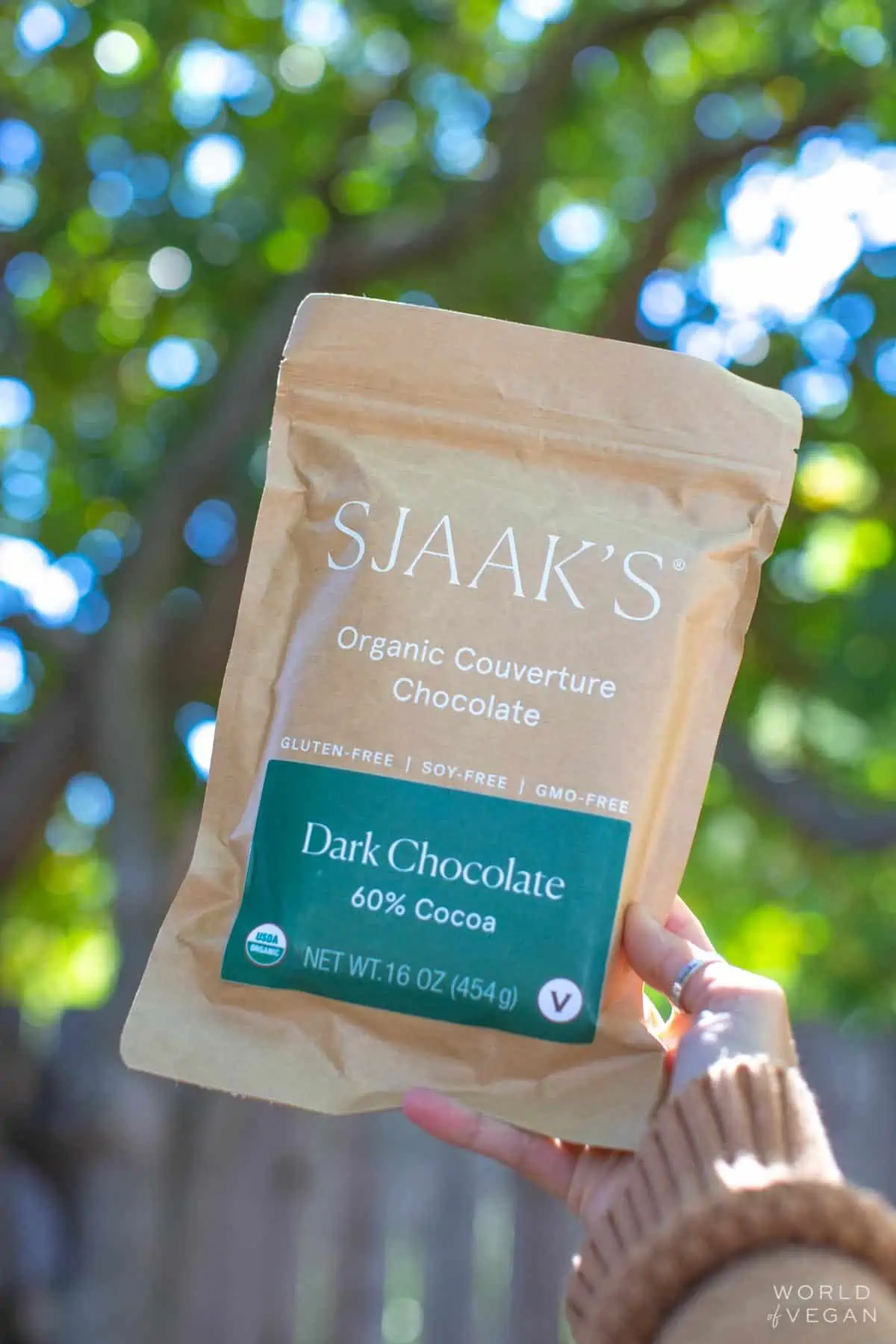 Sjaaks brand vegan dark chocolate block.