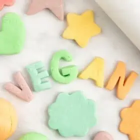Play dough in different rainbow color, that have been shaped to spell out "vegan" with other stars, hearts and shapes around it.