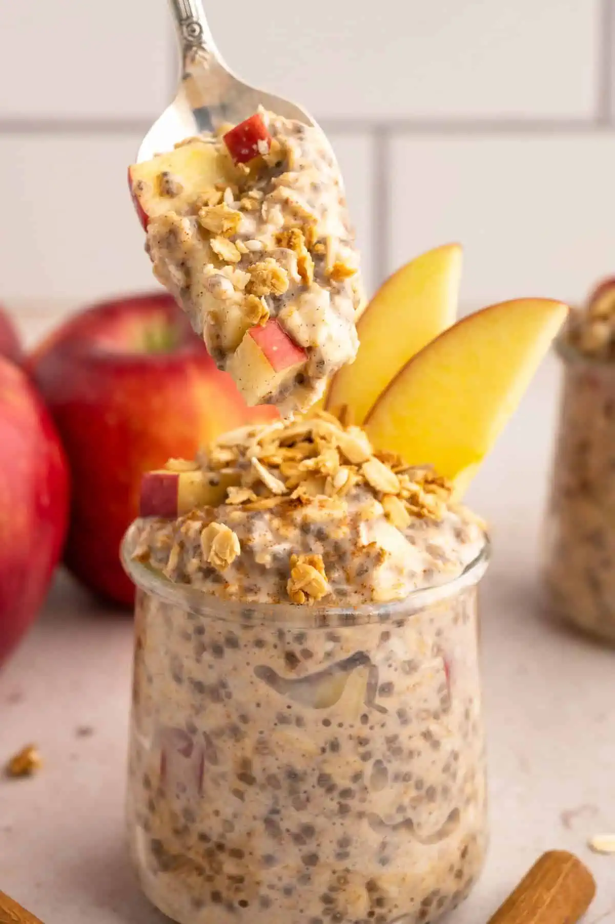 A spoonful of apple pie overnight oats.