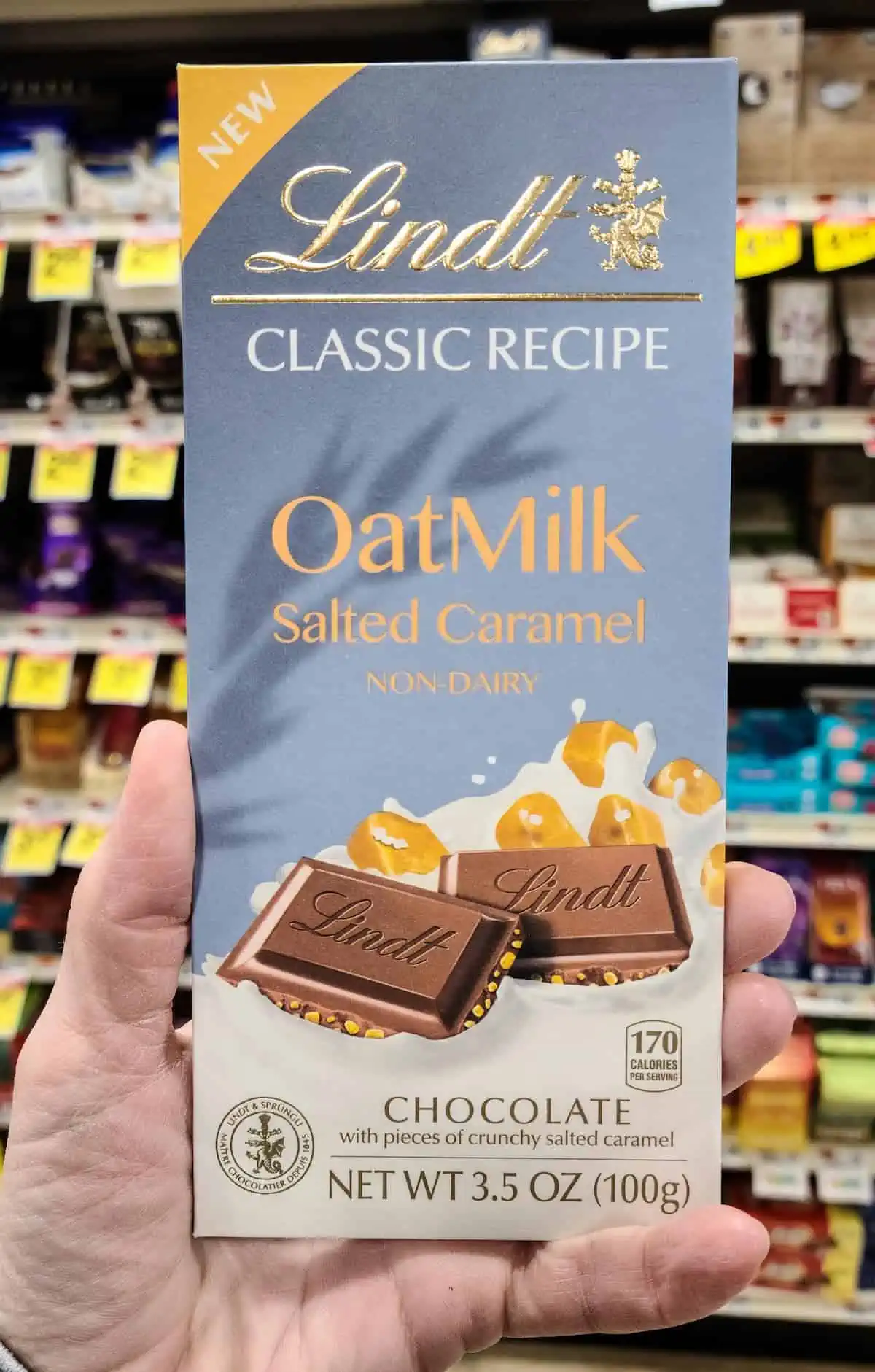 A Lindt brand oat milk vegan chocolate bar.