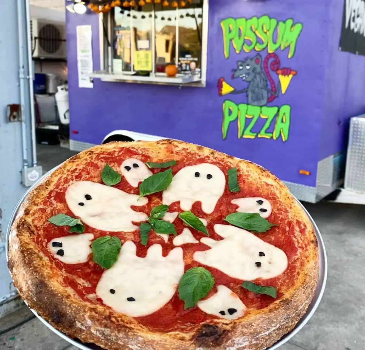 A vegan mozzarella and basil ghost pizza from Possum Pizza.