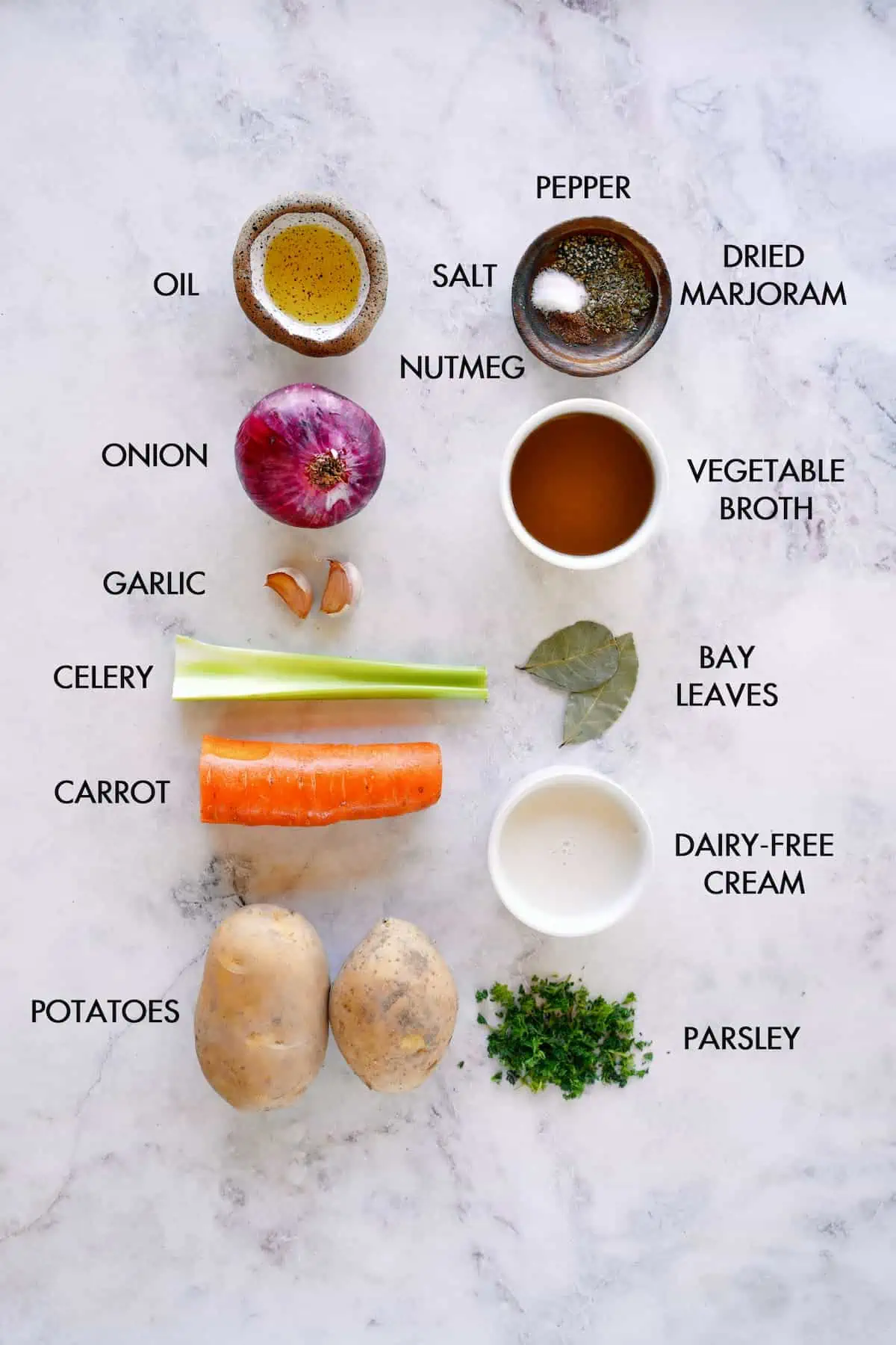 Flatlay of ingredients for potato soup with text labels.