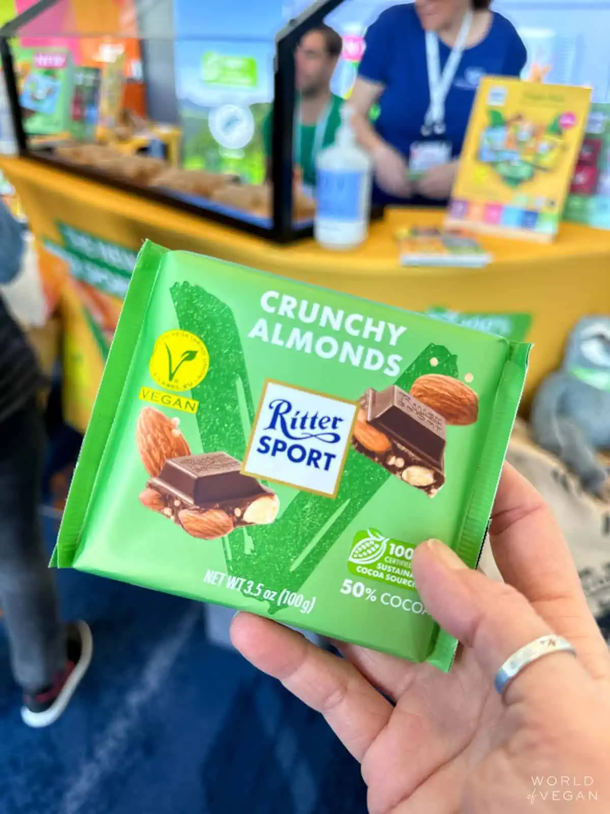 A package of Ritter Sport vegan chocolate bar with crunchy almonds.