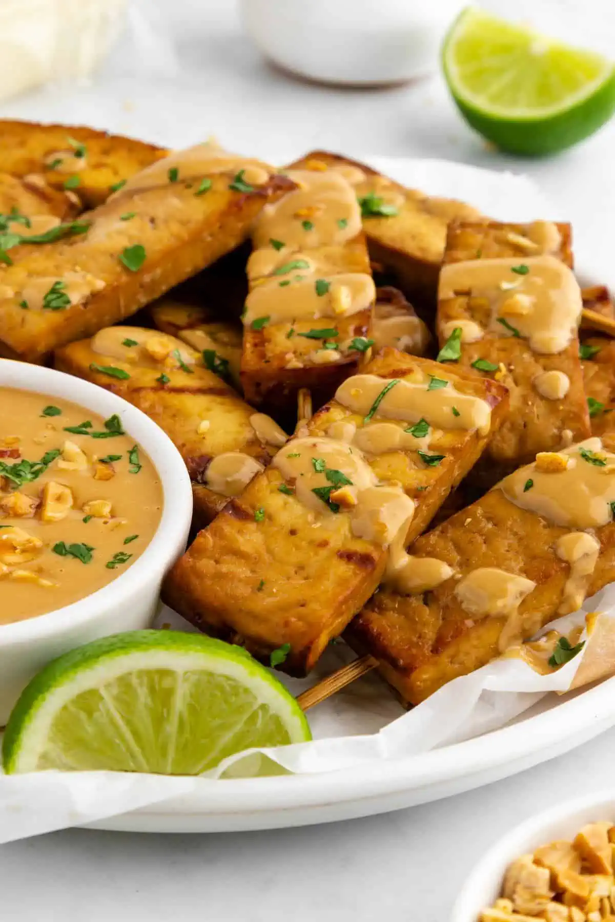 Up close of tofu satay drizzled with peanut dipping sauce.