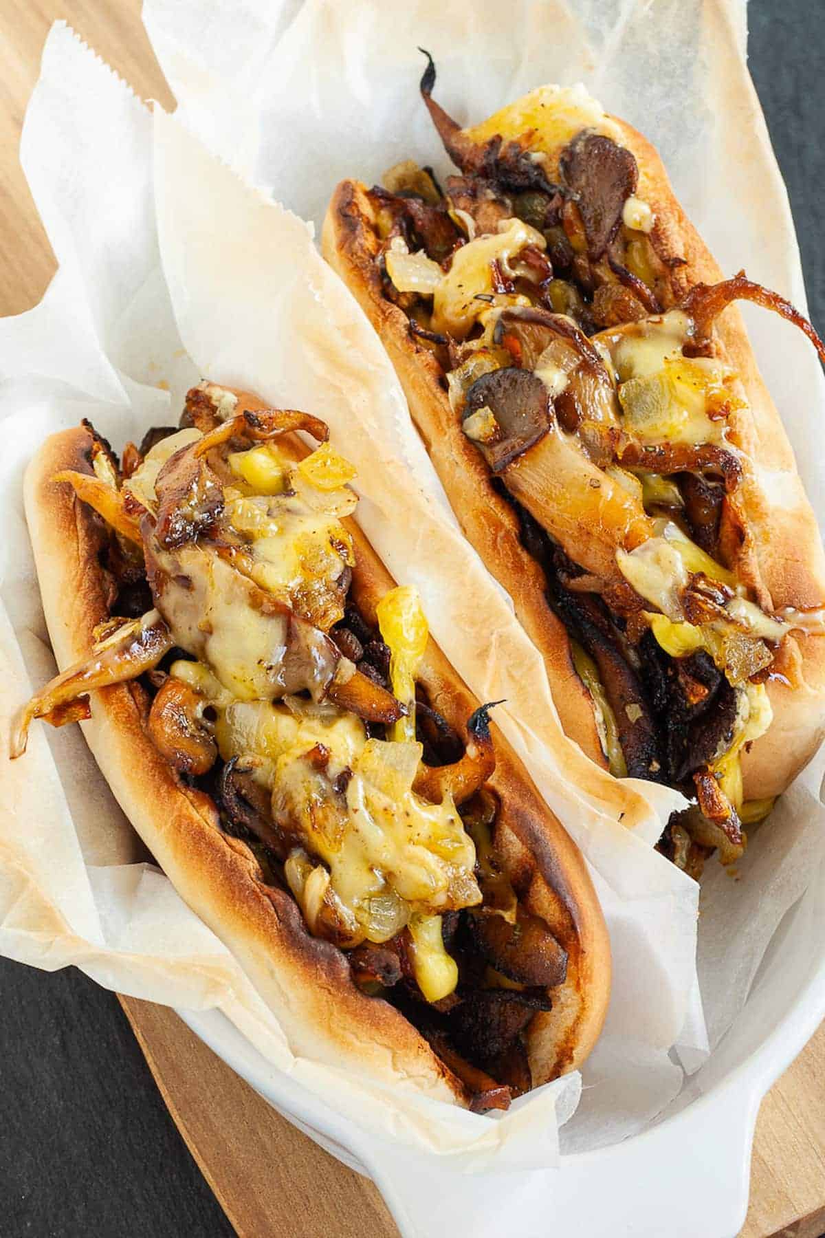 Two mushroom Philly cheesesteaks.