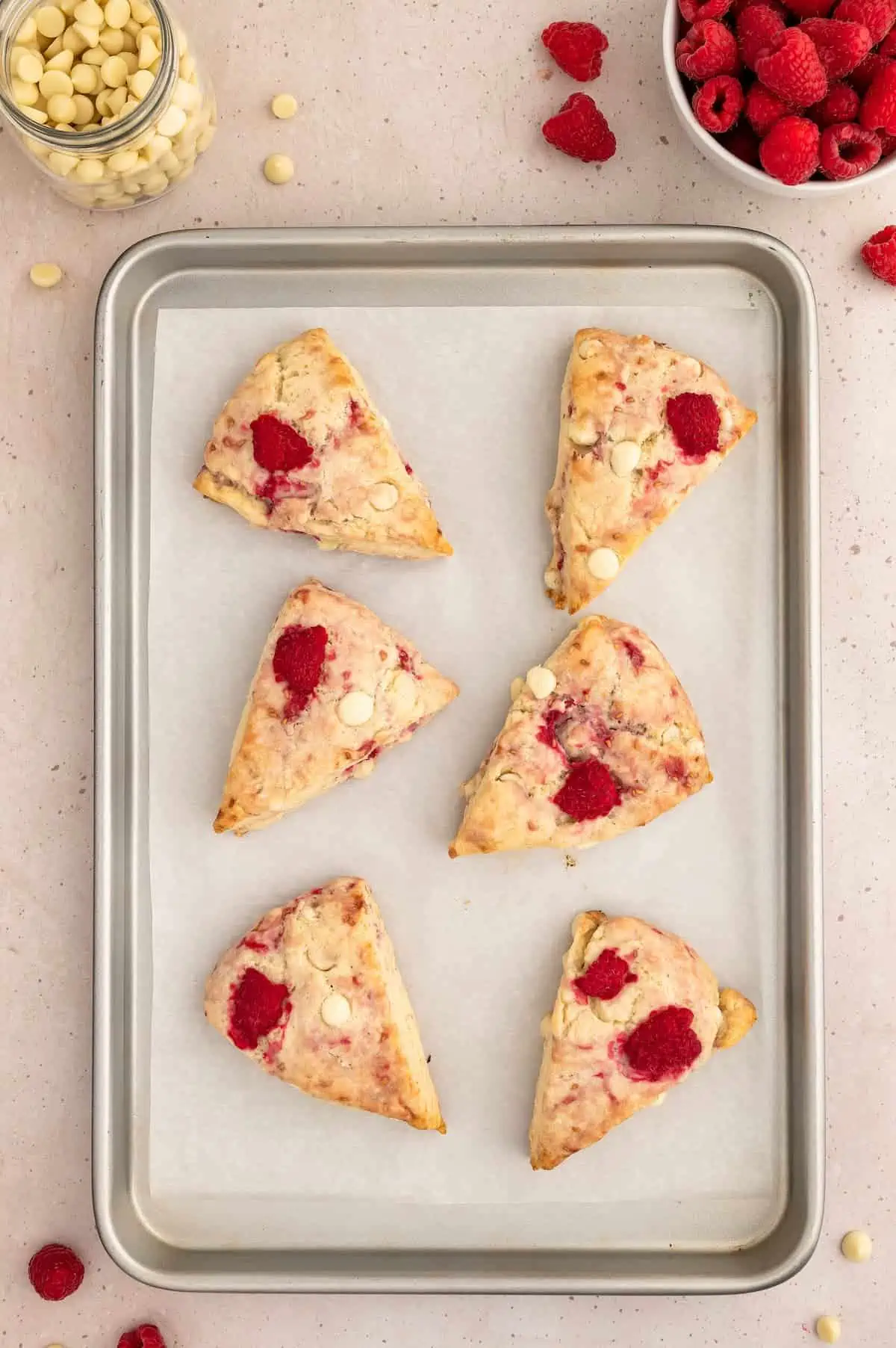 Vegan scones on a baking sheet.