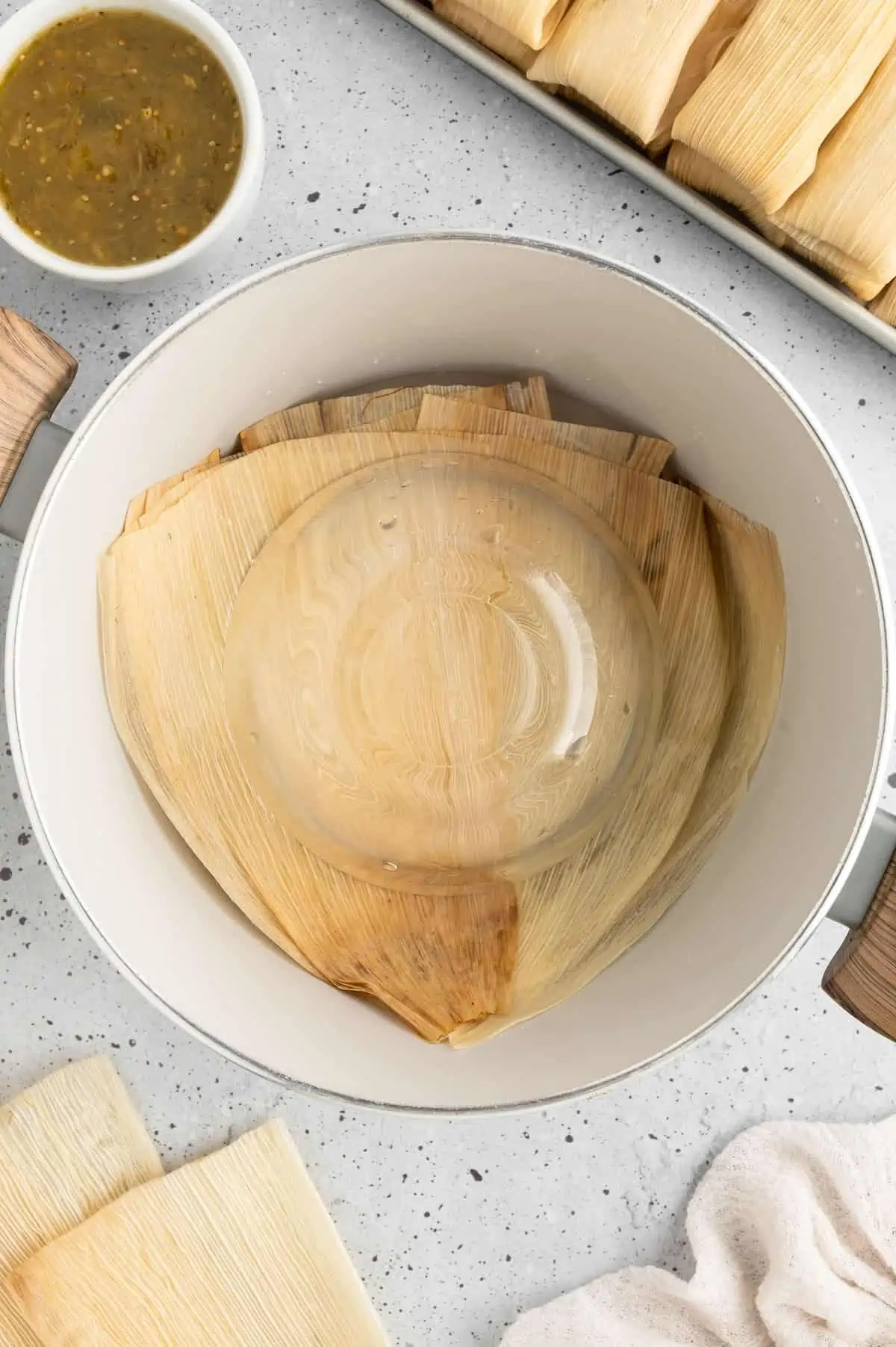 A pot set up for tamale steaming.