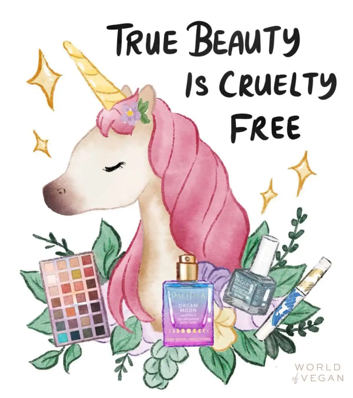 Cruelty-free vegan makeup art illustration of a unicorn with Pacifica brand eyeshadow, nail polish, and mascara. 