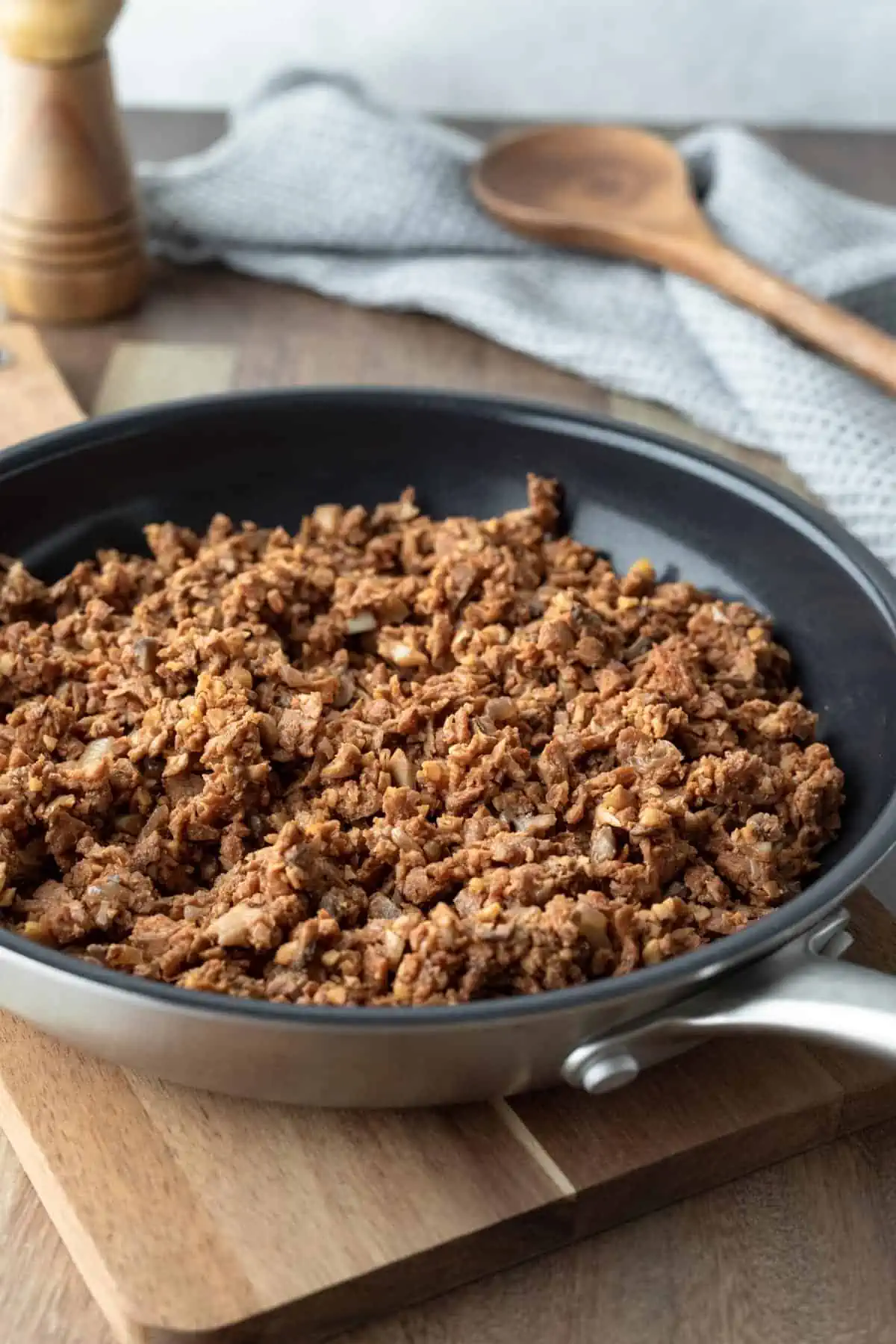 Skillet full of vegan ground beef made from soy curls.