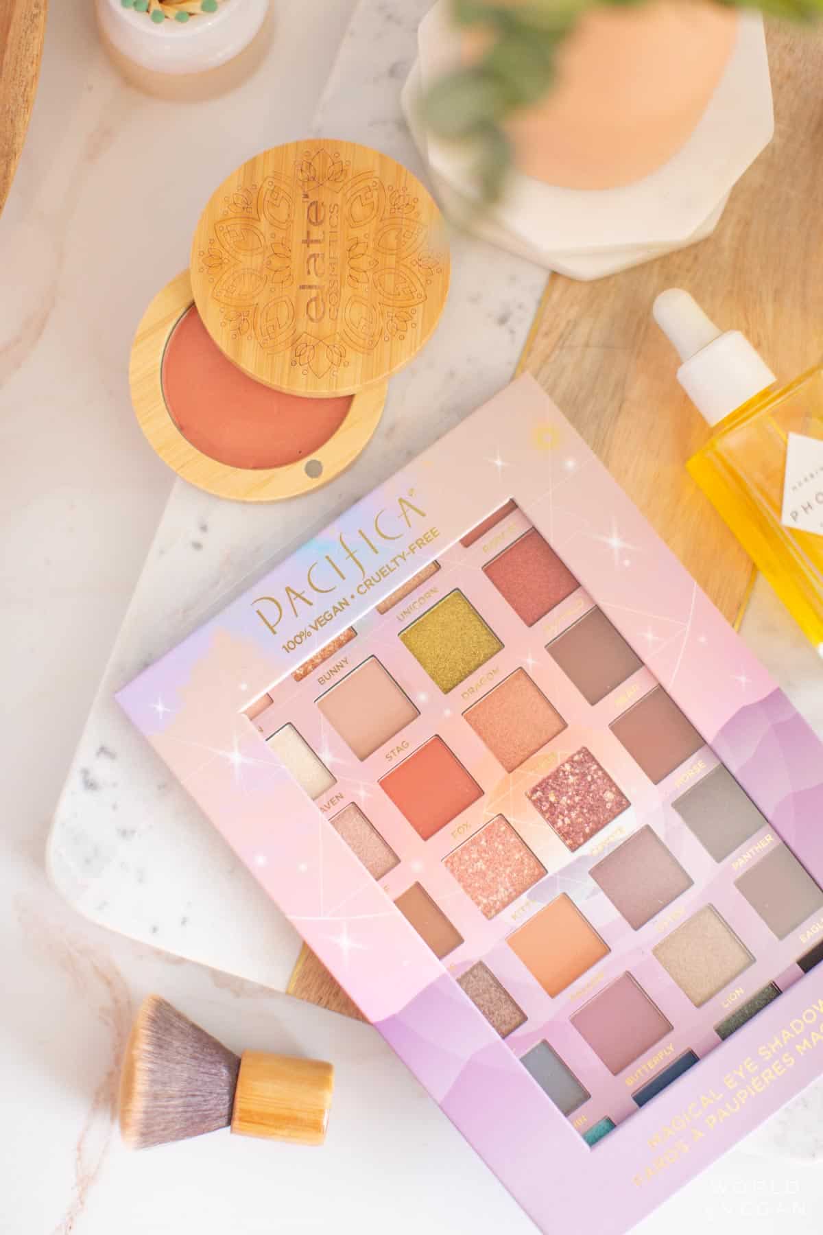 Vegan eyeshadow palette from Pacifica and a cruelty-free makeup brush and blush from other brands. 