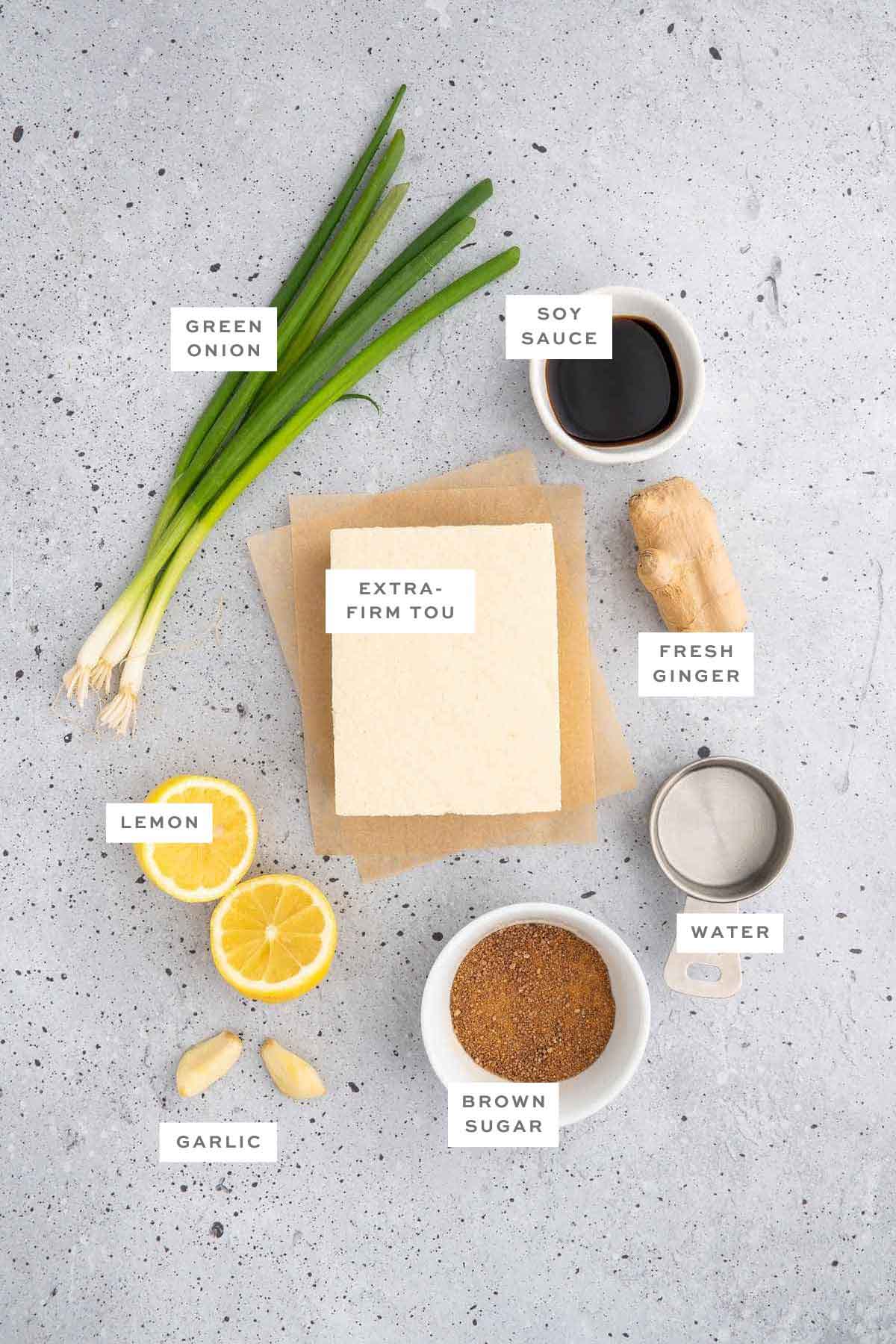 Ingredients for Asian tofu marinade with labels.