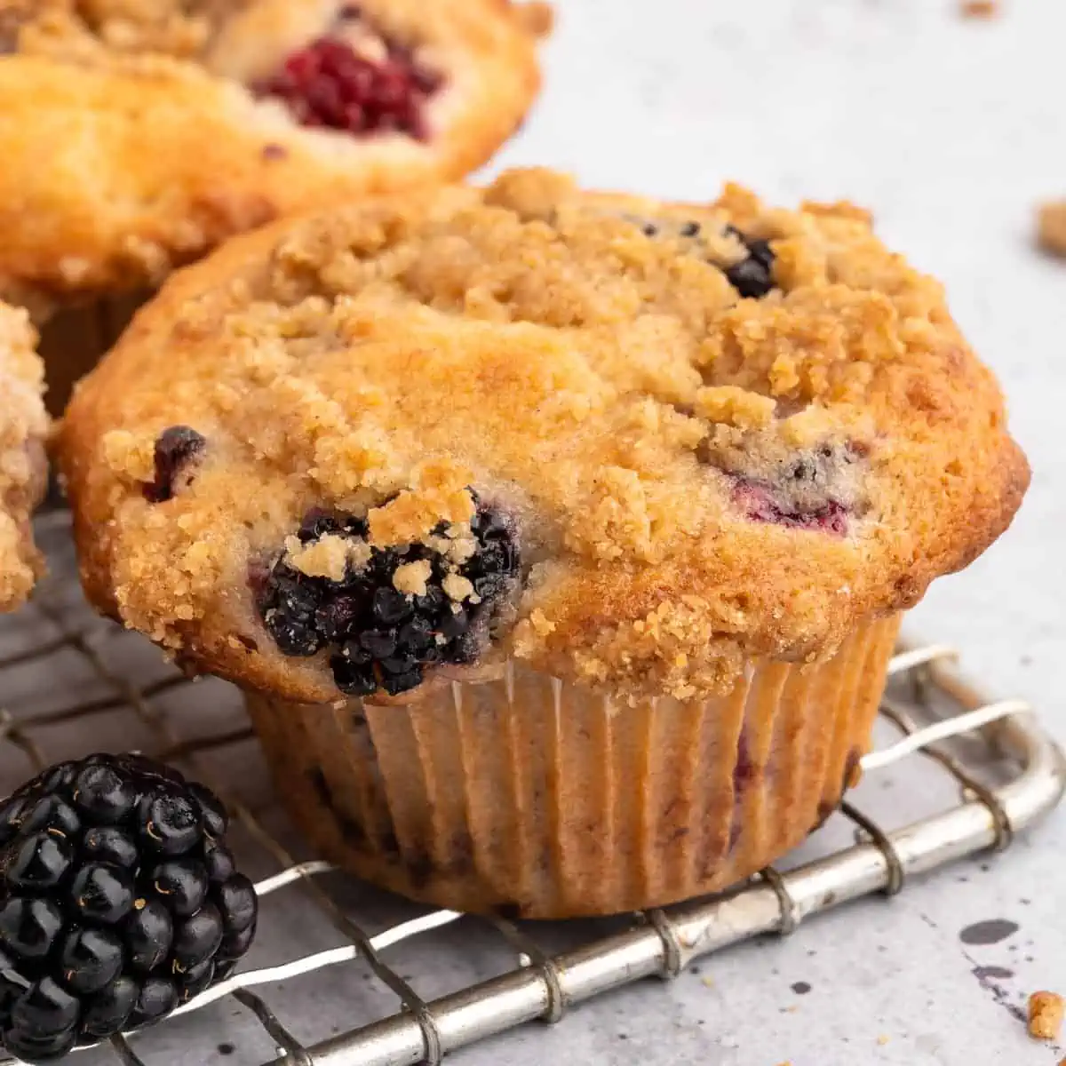 Vegan blackberry muffins on a cooling rack.