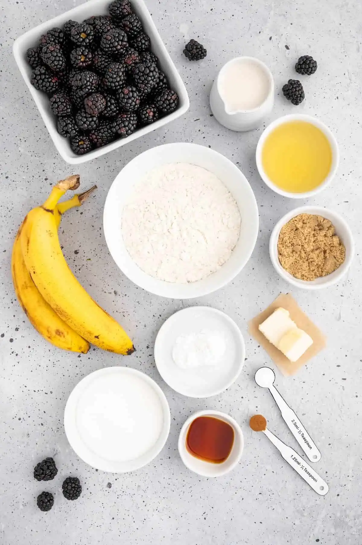 Key ingredients for vegan blackberry muffins.