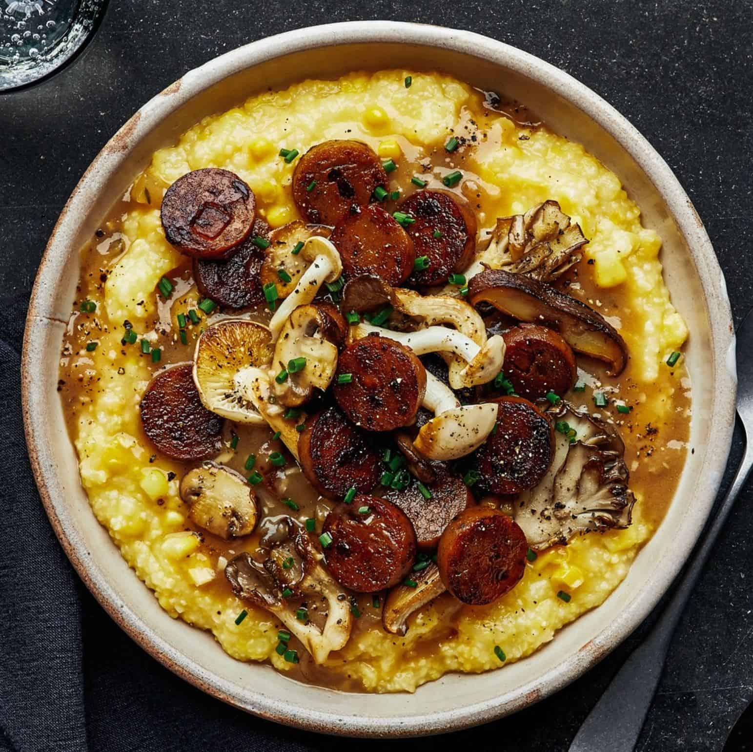 Field Roast vegan sausage in a polenta bowl.