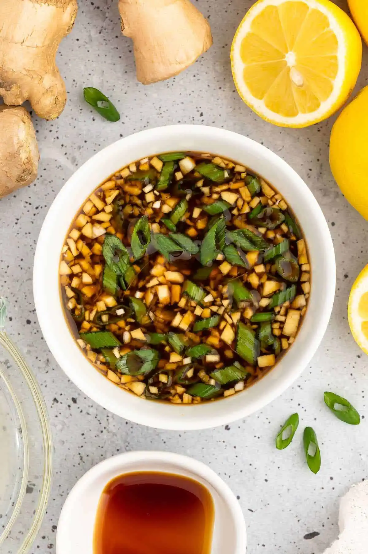 Asian tofu marinade ingredients mixed together in a small bowl.