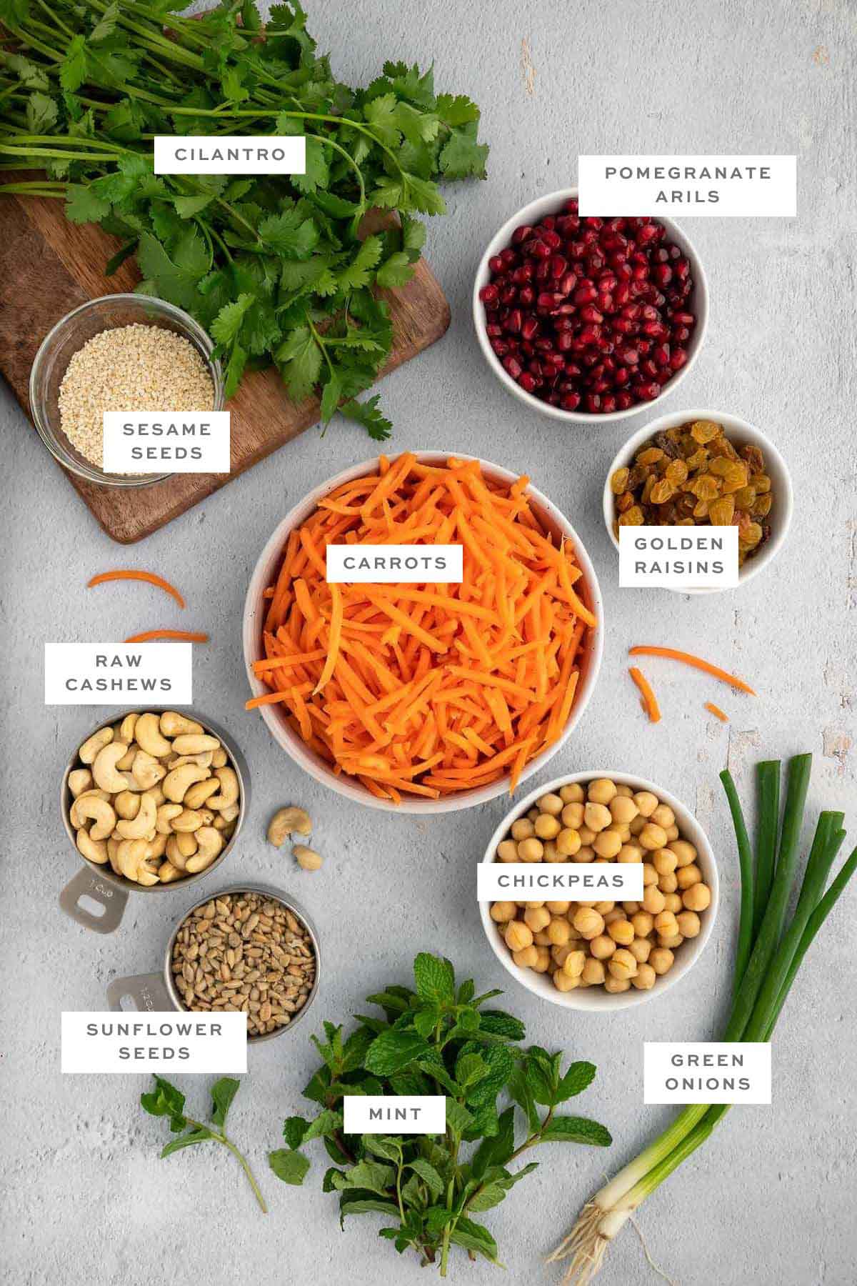 Ingredients for Moroccan carrot salad with labels.