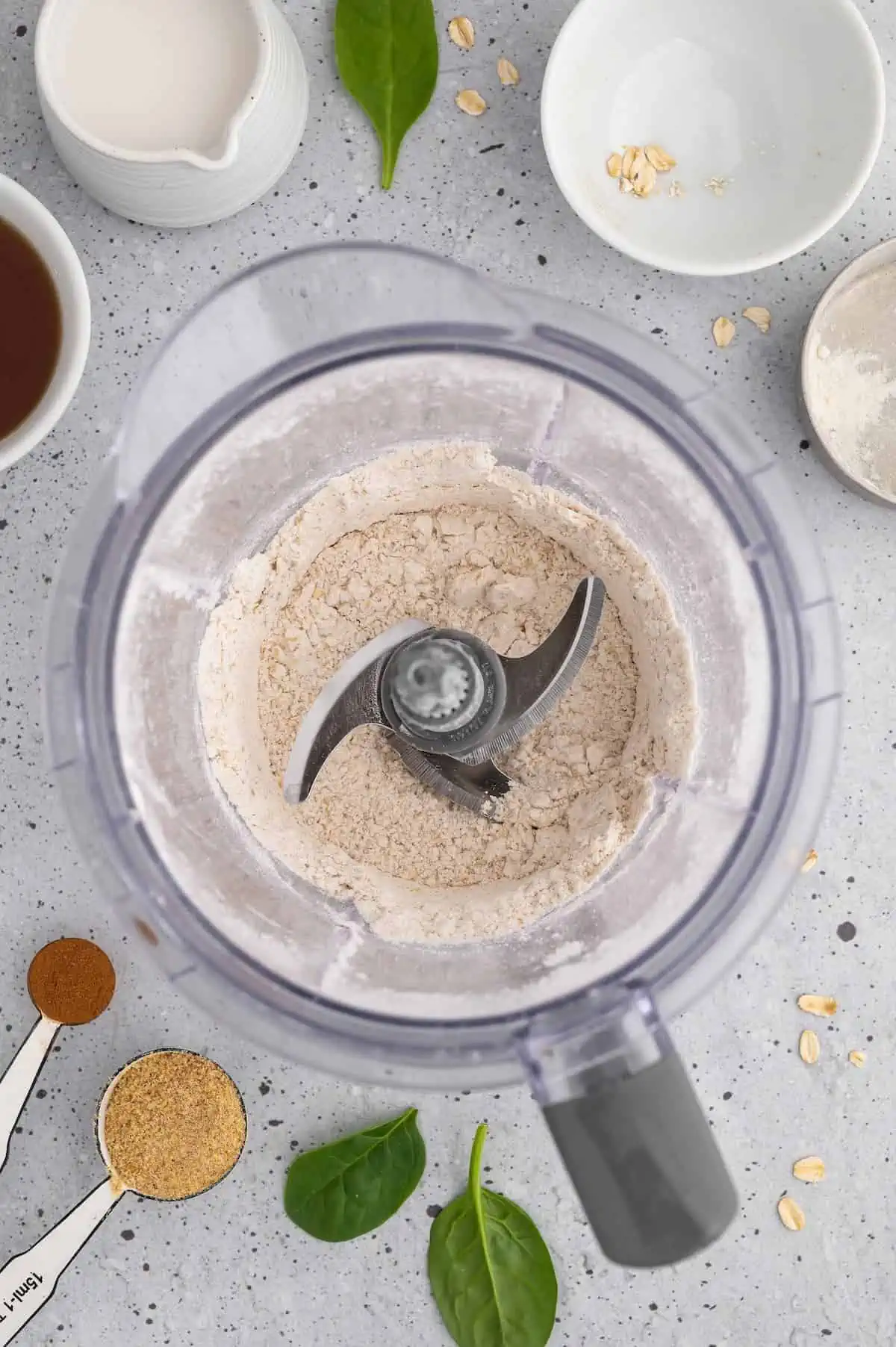Oats and flour processed in a  blender.