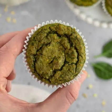 A top-down shot of a spinach banana muffin.