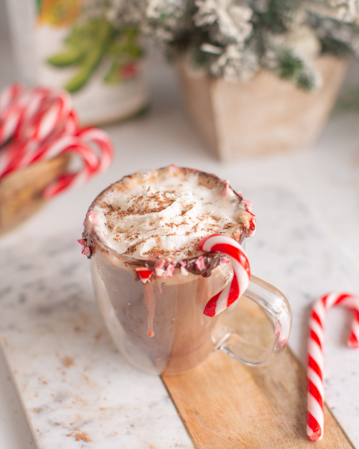 Vegan peppermint mocha in a mug with a candy cane and vegan whipped cream on top.