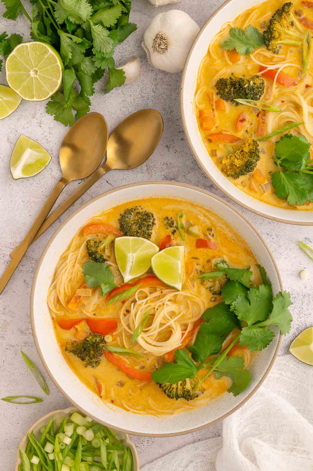 Bowl of Thai-style vermicelli noodle soup topped with lime wedges, fresh cilantro, and crisp vegetables.