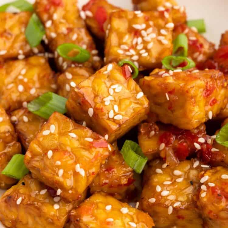 A close-up shot of air-fryer tempeh.