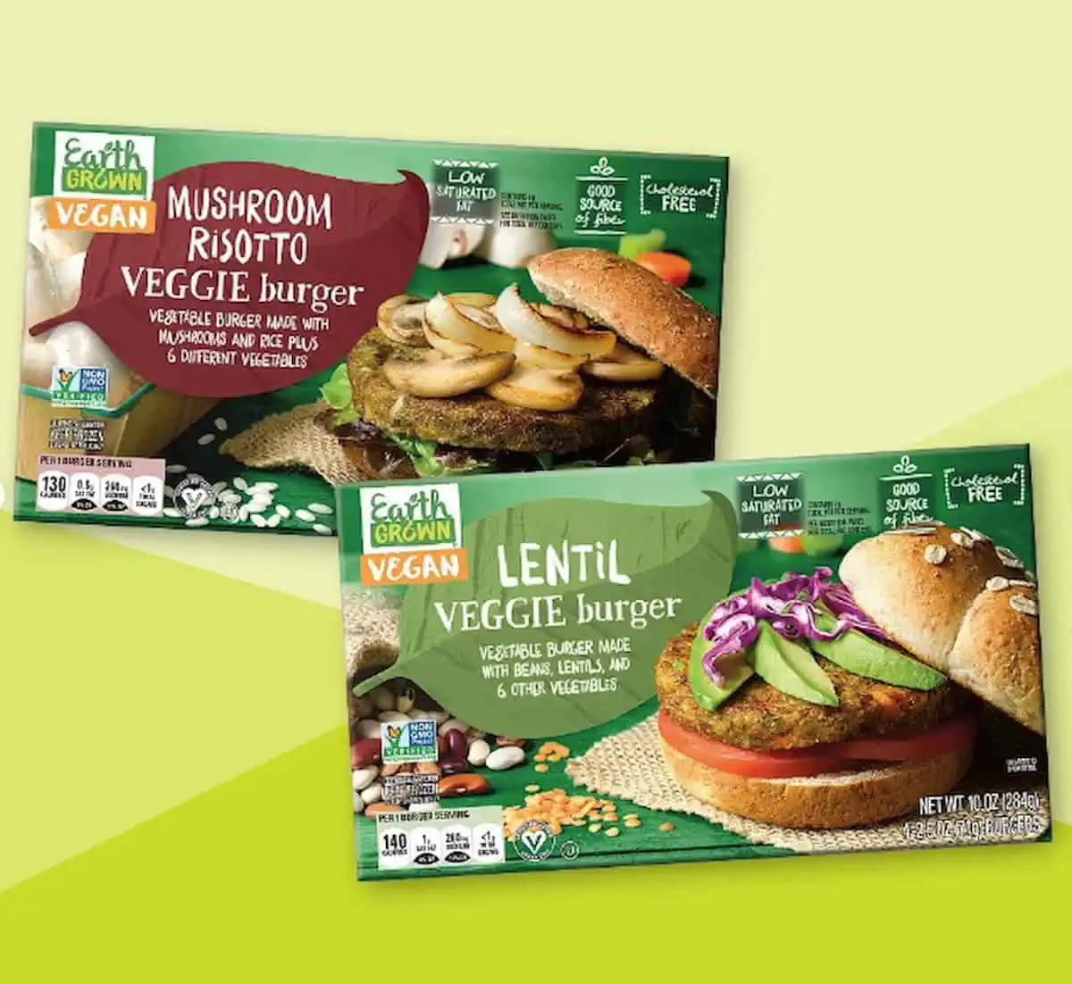 Two packages of Earth Grown vegan burgers.