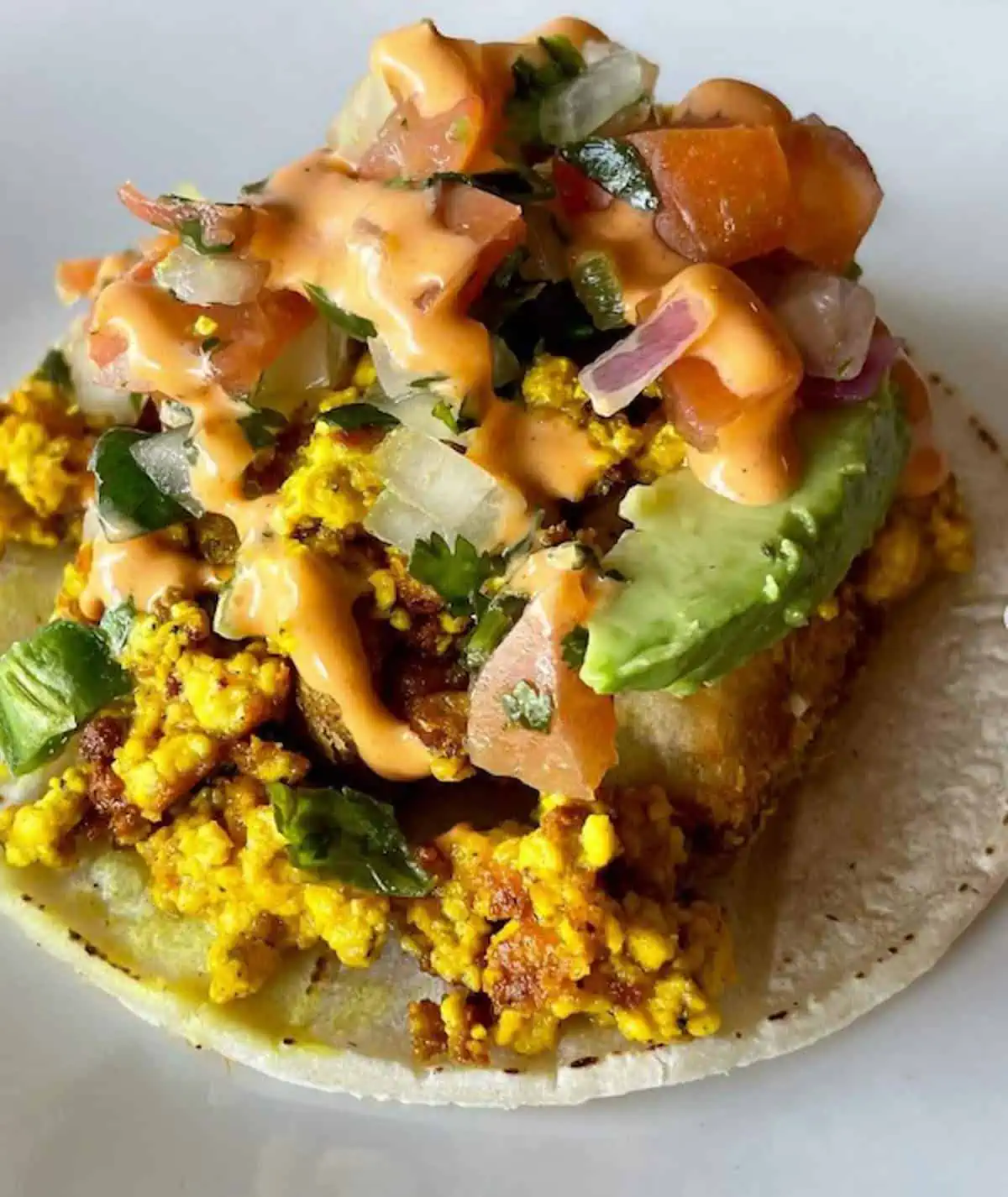 Vegan breakfast taco with scrambled tofu, avocado, and chipotle crema.