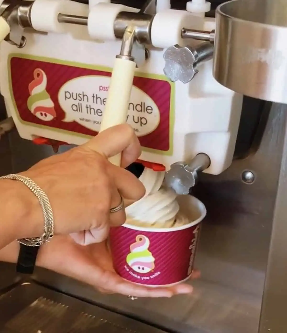 Vegan frozen yogurt being piped into a cup at Menchie's.